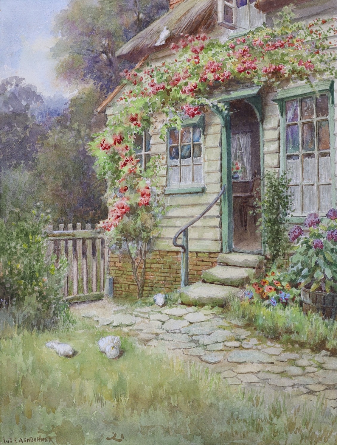 William Ashburner (active 1900-1932), three watercolours, Cottage Gardens, signed, unframed, largest 38 x 30cm